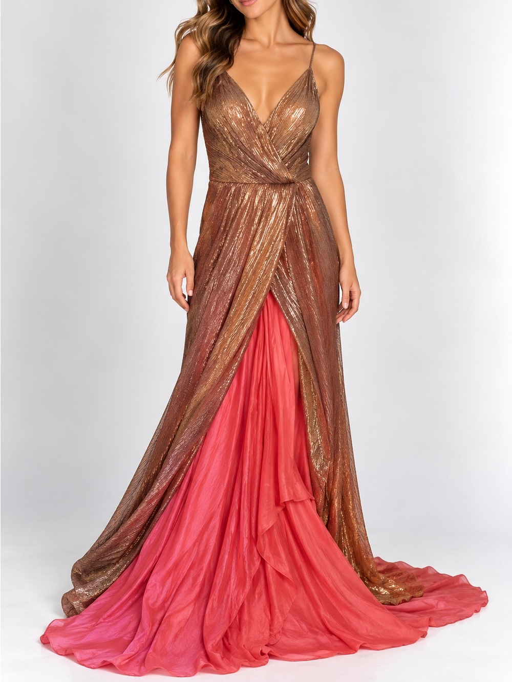 Sherri Hill Metallic Layered Dress‎ with Train
